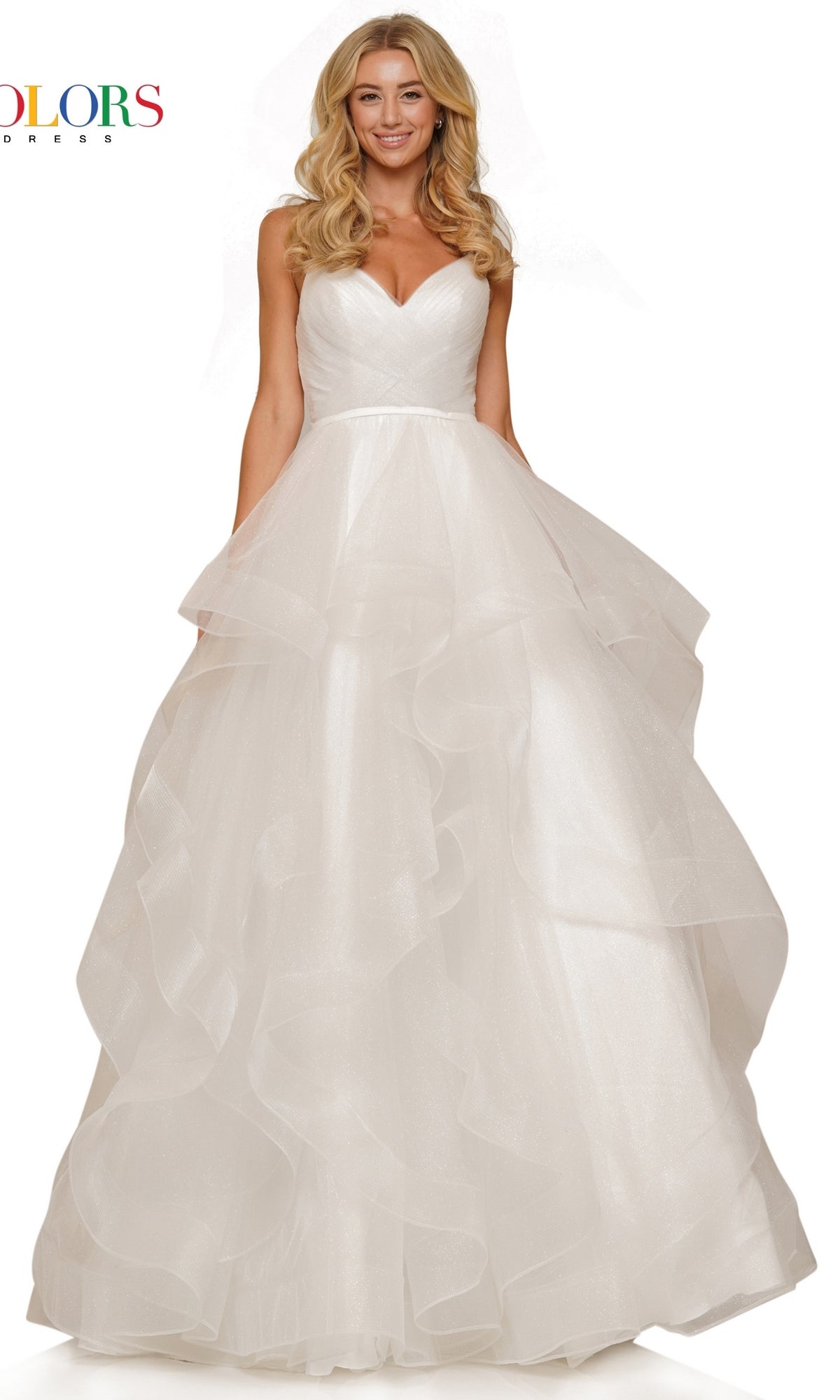 A woman in the Layered Long Tulle Prom Ball Gown 2381, featuring a strapless sweetheart neckline and a layered, ruffled white A-line tulle skirt.